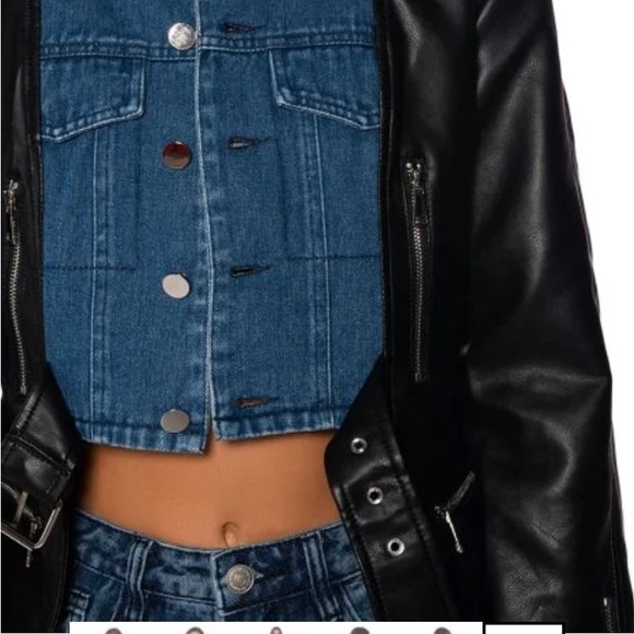 AKIRA NWOT M & L 2-in-1 faux black leather and denim moto riding on trend jacket - Picture 4 of 9